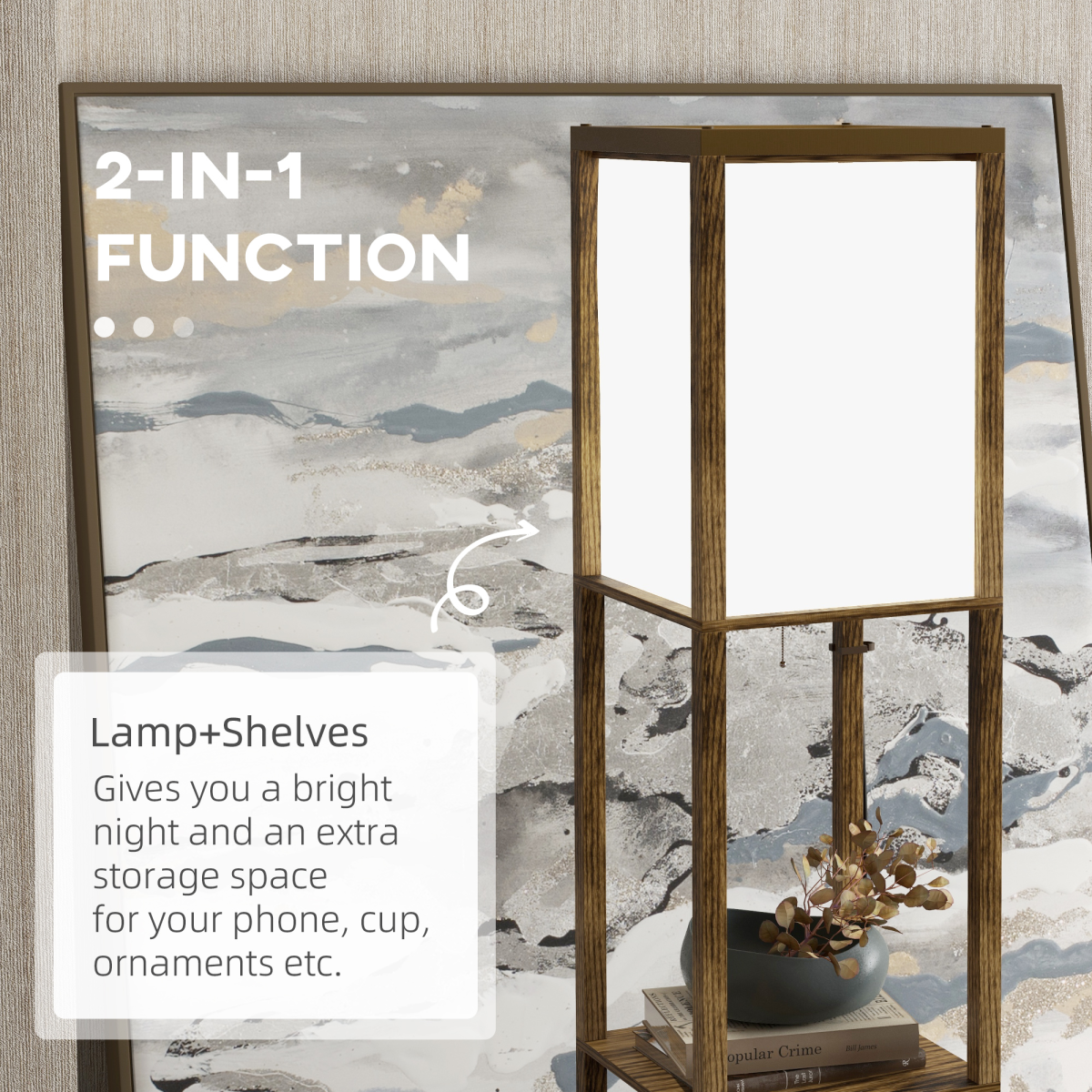 HOMCOM wooden shelf floor lamp with dual lights and storage space, ideal for living room or bedroom lighting.