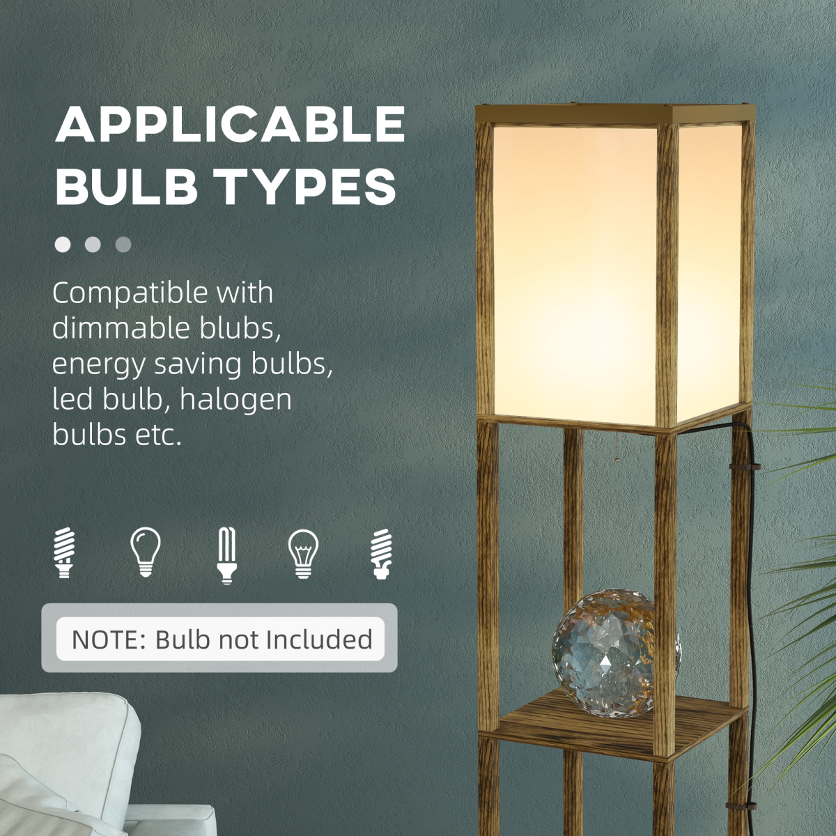 HOMCOM shelf floor lamp with dual lights and wooden storage shelf, ideal for living room or bedroom lighting.