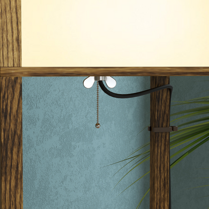 HOMCOM shelf floor lamp with dual lights and wooden storage for living room or bedroom decor, featuring a modern design.