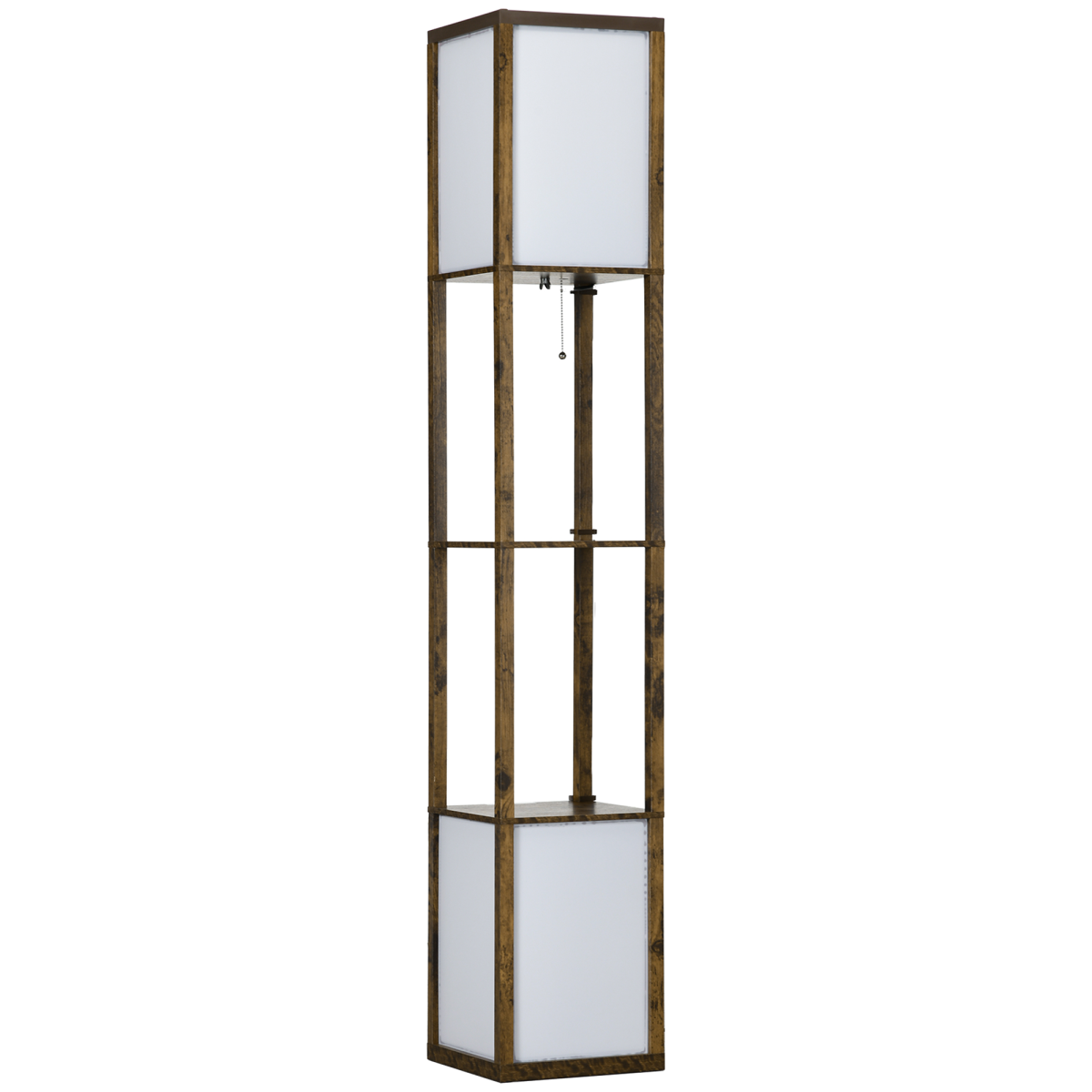 HOMCOM wooden shelf floor lamp with dual lights and storage compartments, ideal for living room or bedroom decor.