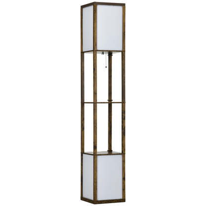 HOMCOM wooden shelf floor lamp with dual lights and storage compartments, ideal for living room or bedroom decor.