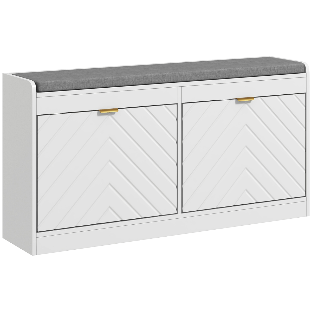 White HOMCOM shoe bench with cushion and two flip drawers, designed to hold 8 pairs of shoes for entryway organization.