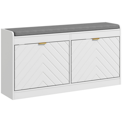 White HOMCOM shoe bench with cushion and two flip drawers, designed to hold 8 pairs of shoes for entryway organization.