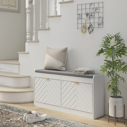 White HOMCOM shoe bench with 2 flip drawers, cushioned top, and capacity for 8 pairs of shoes in entryway.
