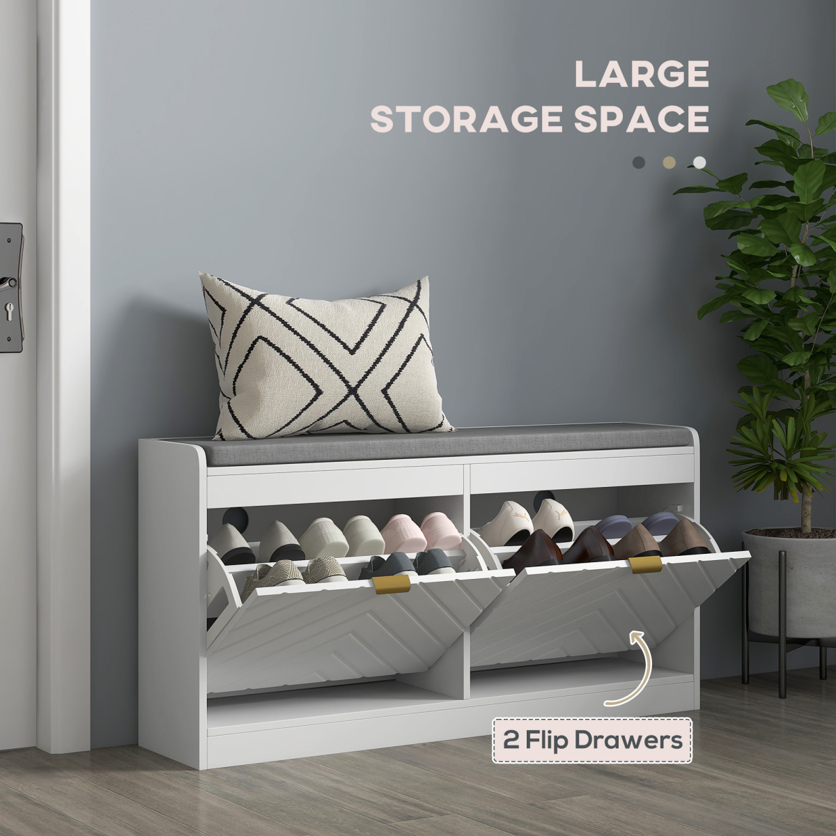 White HOMCOM shoe bench with 2 flip drawers, cushioned seat, holding 8 pairs of shoes, ideal for entryway storage