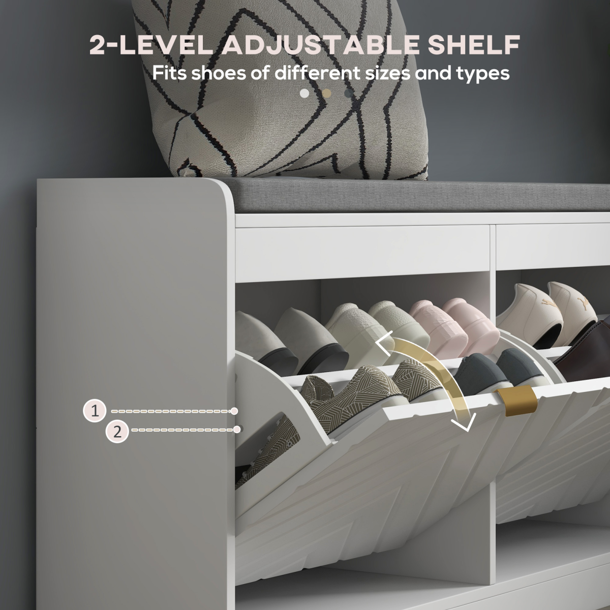 White HOMCOM shoe bench with 2 flip drawers, cushioned top, holds 8 pairs of shoes, ideal for entryway storage
