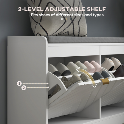 White HOMCOM shoe bench with 2 flip drawers, cushioned top, holds 8 pairs of shoes, ideal for entryway storage