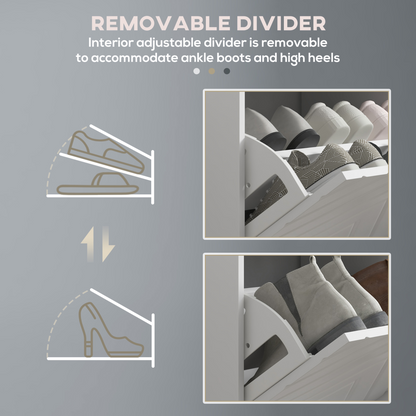 White HOMCOM shoe bench with 2 flip drawers, cushioned seat, holding 8 pairs of shoes, ideal for entryway storage.