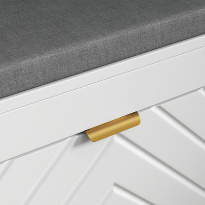 White HOMCOM shoe bench with 2 flip drawers, cushioned top, designed for entryway storage of 8 pairs of shoes.