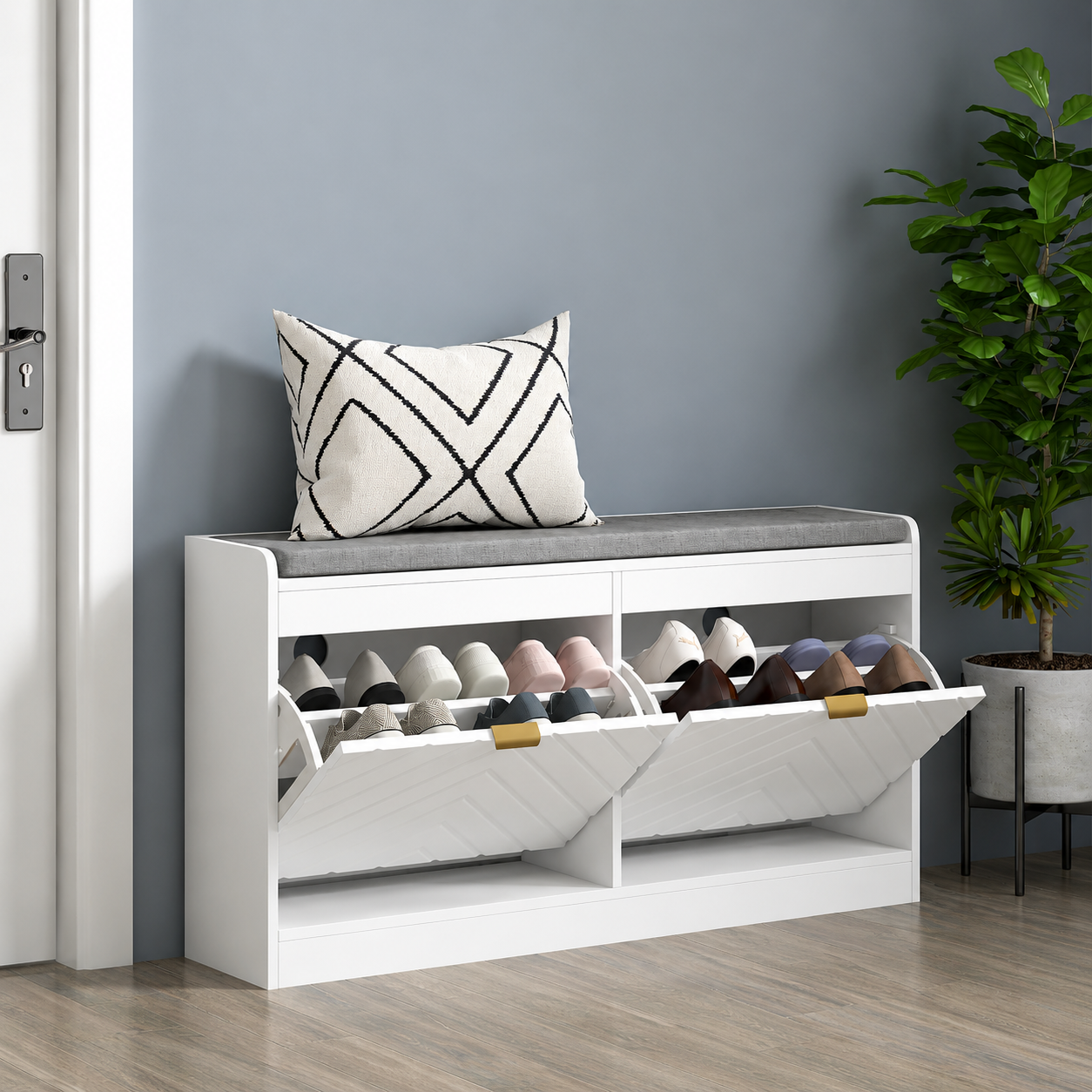White HOMCOM shoe bench with 2 flip drawers, cushioned seat, designed for entryway, holds 8 pairs of shoes.