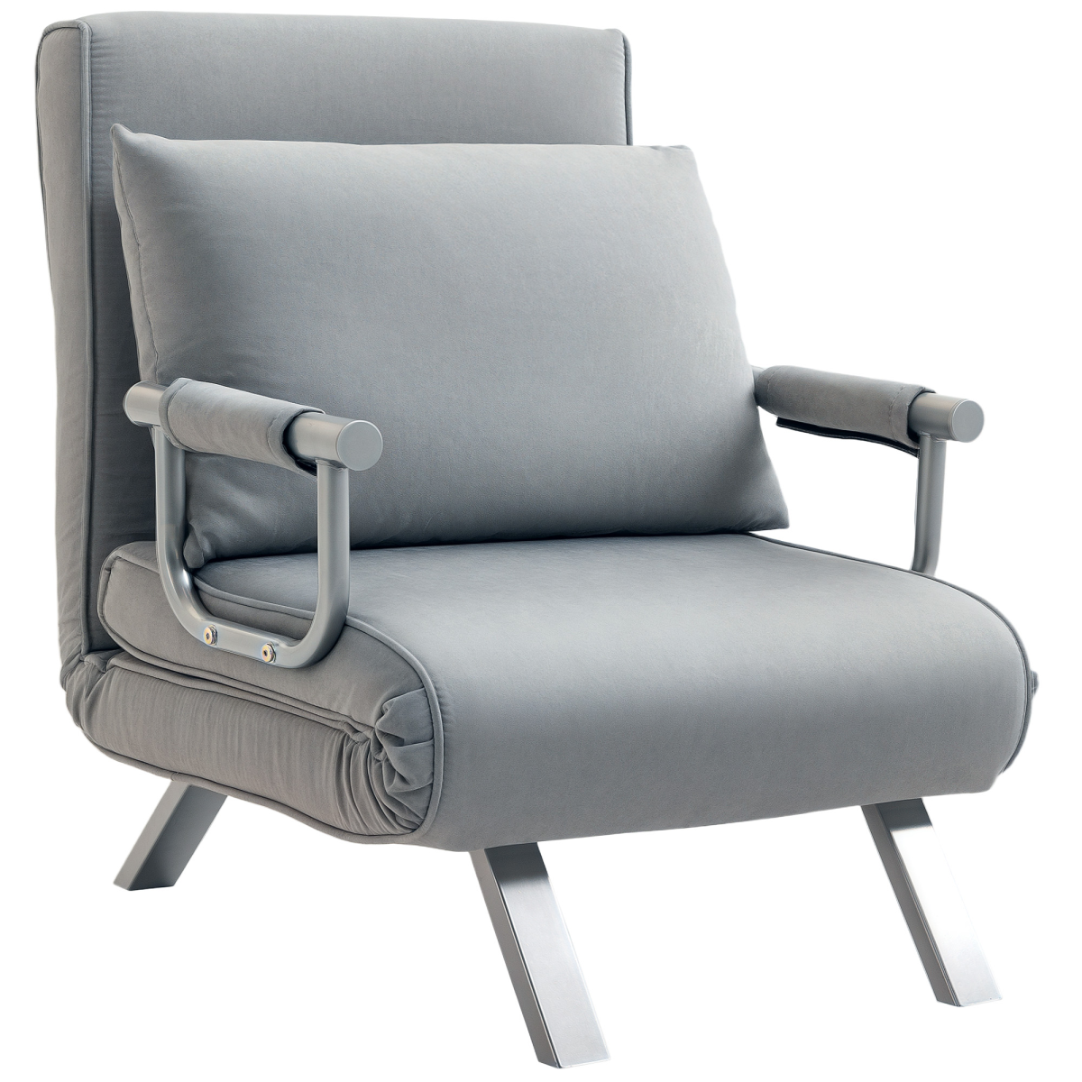 Light grey HOMCOM foldable sofa bed and portable armchair with pillow, ideal for lounge and sleeping comfort.