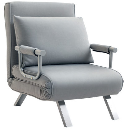 Light grey HOMCOM foldable sofa bed and portable armchair with pillow, ideal for lounge and sleeping comfort.