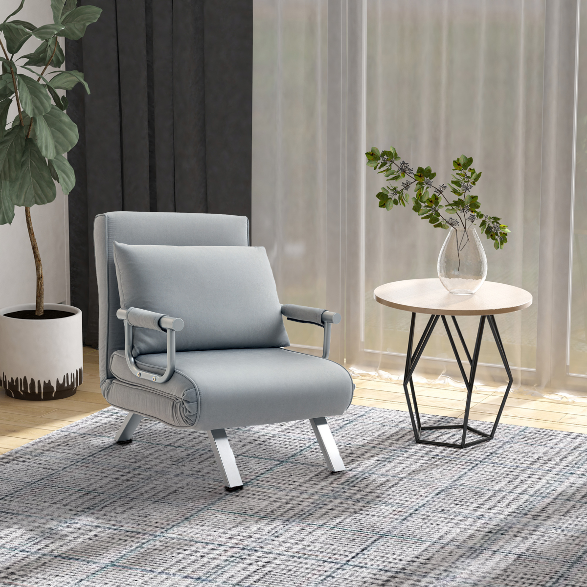 Light grey HOMCOM foldable sofa bed and portable armchair with pillow, ideal for lounging and sleeping.