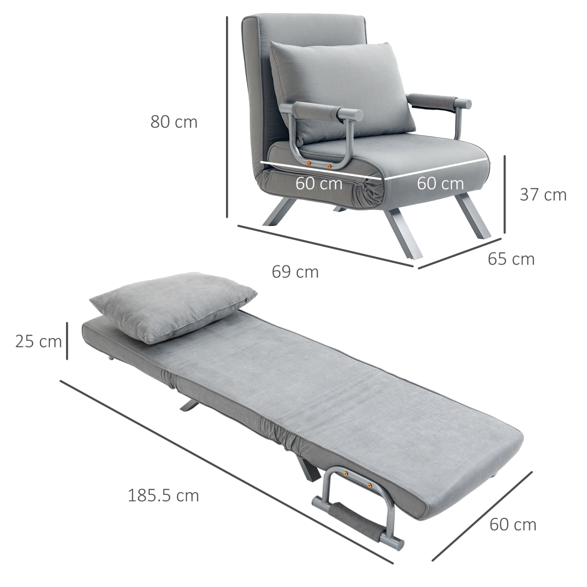 Light grey foldable sofa bed and portable armchair from HOMCOM with a pillow, suitable for lounging and sleeping.