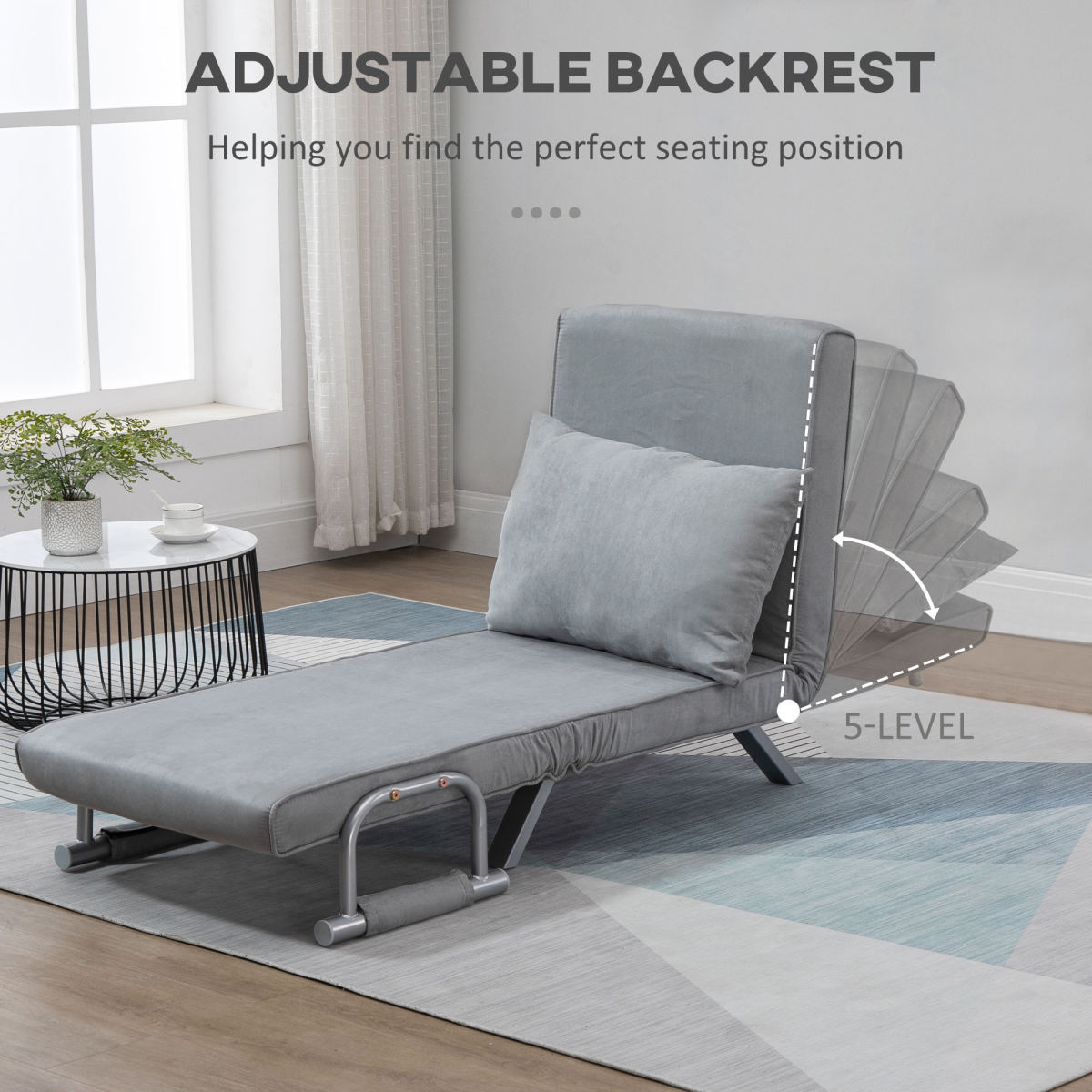 Light grey HOMCOM foldable sofa bed and portable armchair with pillow, ideal for lounging and sleeping.