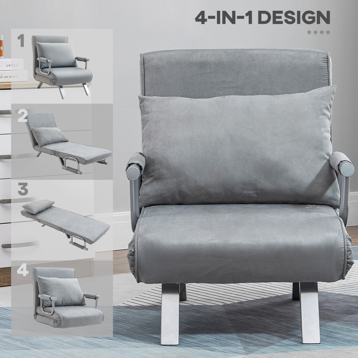 Light grey HOMCOM sofa bed and foldable portable armchair with pillow, ideal as a sleeper lounge seat.