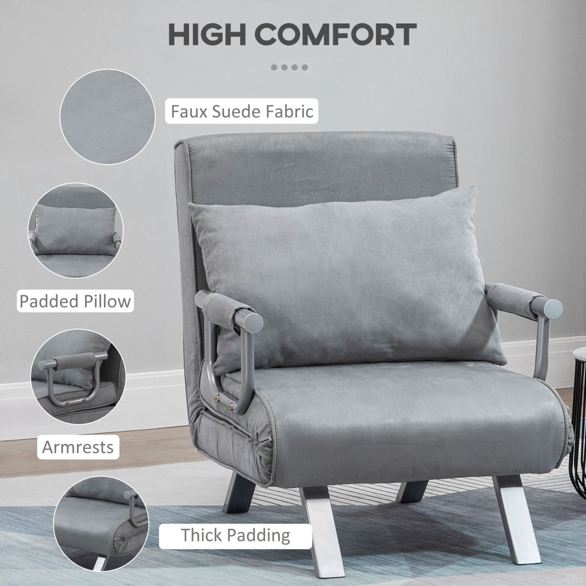 Light grey foldable sofa bed and portable armchair from HOMCOM with a pillow, suitable for lounging and sleeping.