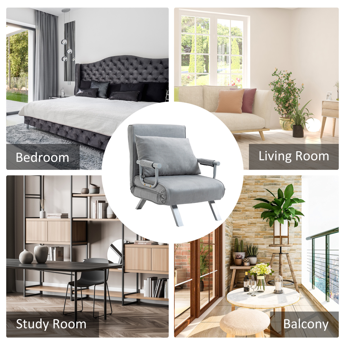 Light grey HOMCOM foldable sofa bed and portable armchair with pillow, ideal for lounging and sleeping.