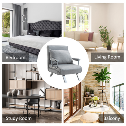Light grey HOMCOM foldable sofa bed and portable armchair with pillow, ideal for lounging and sleeping.