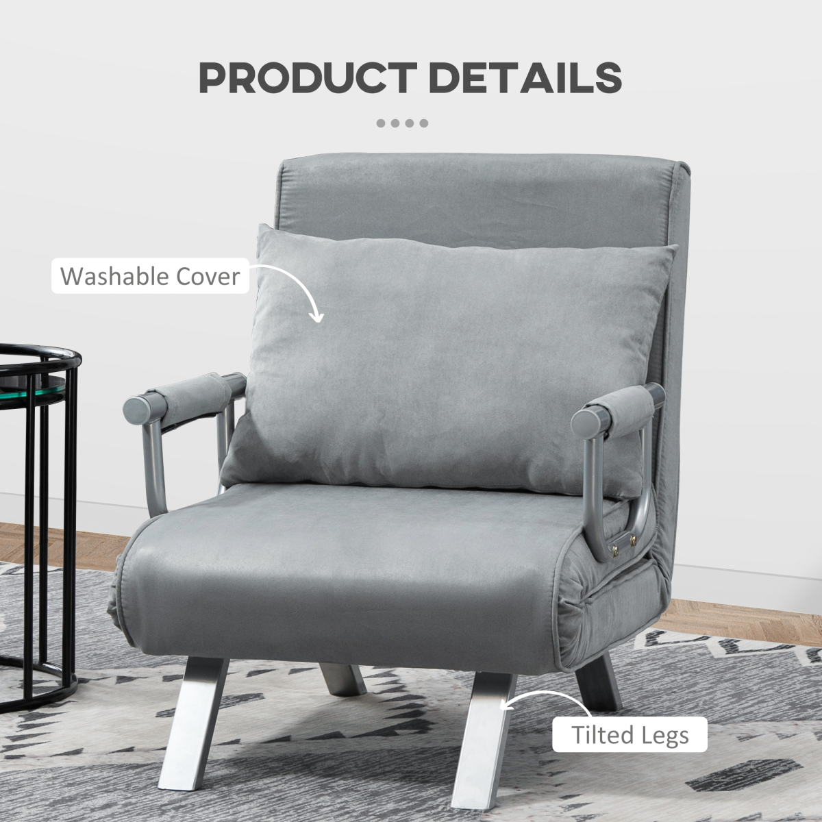 Light grey HOMCOM foldable sofa bed and portable armchair with pillow, ideal for lounging and sleeping.