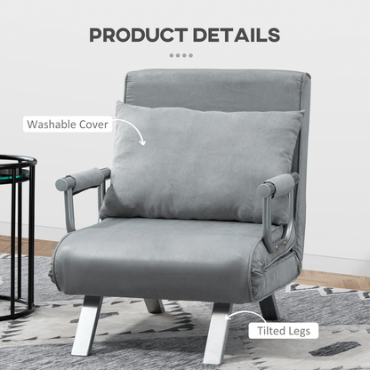 Light grey HOMCOM foldable sofa bed and portable armchair with pillow, ideal for lounging and sleeping.