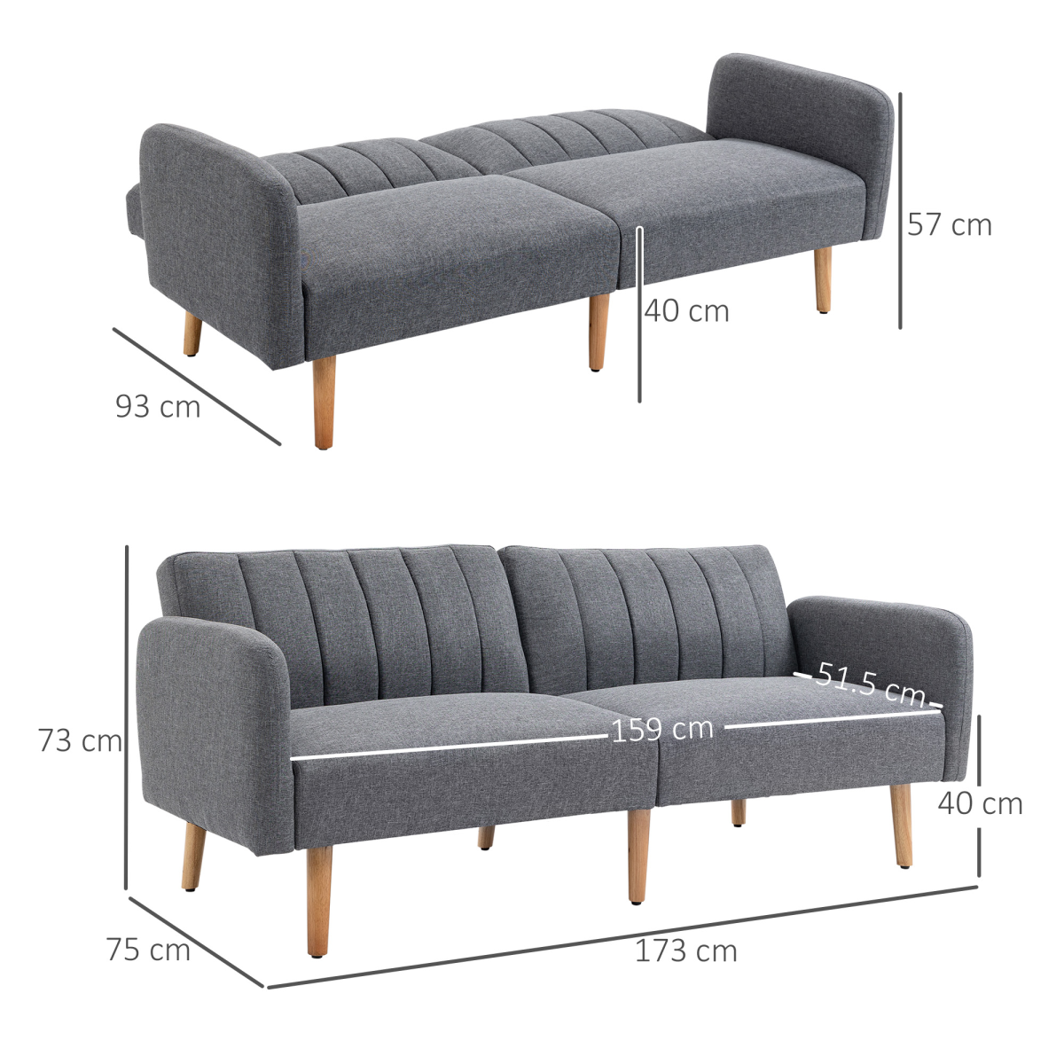 HOMCOM two-seater sofa bed with adjustable backrest, ideal for living and guest rooms, showcasing fabric upholstery and compact design.