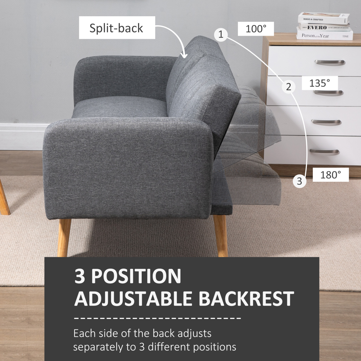 HOMCOM two-seater sofa bed with adjustable backrest, suitable for living room or guest room, showing the sofa in a modern setting.