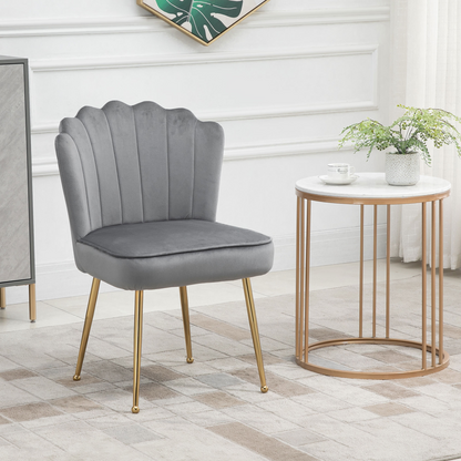 Homcom velvet-feel shell accent chair with grey fabric, metal legs, ideal for home bedrooms and lounge spaces.