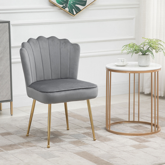 Homcom velvet-feel shell accent chair with grey fabric, metal legs, ideal for home bedrooms and lounge spaces.