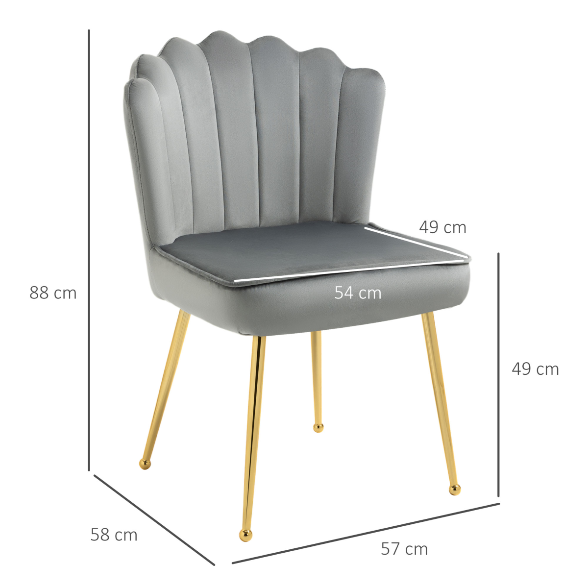 Grey velvet-feel Shell Luxe accent chair with metal legs, ideal for home bedrooms and lounge areas by Homcom.