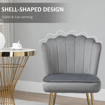 Grey velvet-feel shell accent chair with metal legs, ideal for home or bedroom lounge, by Homcom.