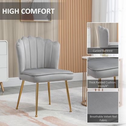 Grey velvet-feel shell accent chair with metal legs, perfect for home loungers and bedroom decor by Homcom.