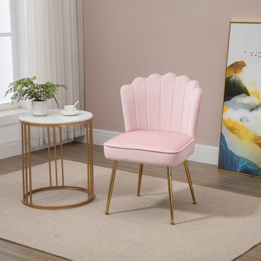 Pink velvet-feel shell accent chair with metal legs, perfect for home, bedroom, or lounge spaces by HOMCOM.
