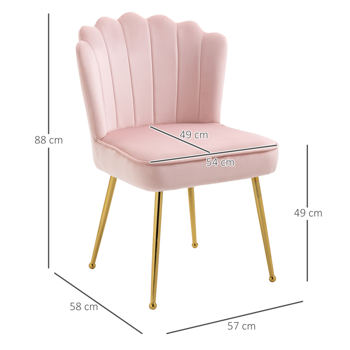 Pink velvet-feel Shell Luxe accent chair with metal legs, perfect for home bedroom or lounge seating by HOMCOM.