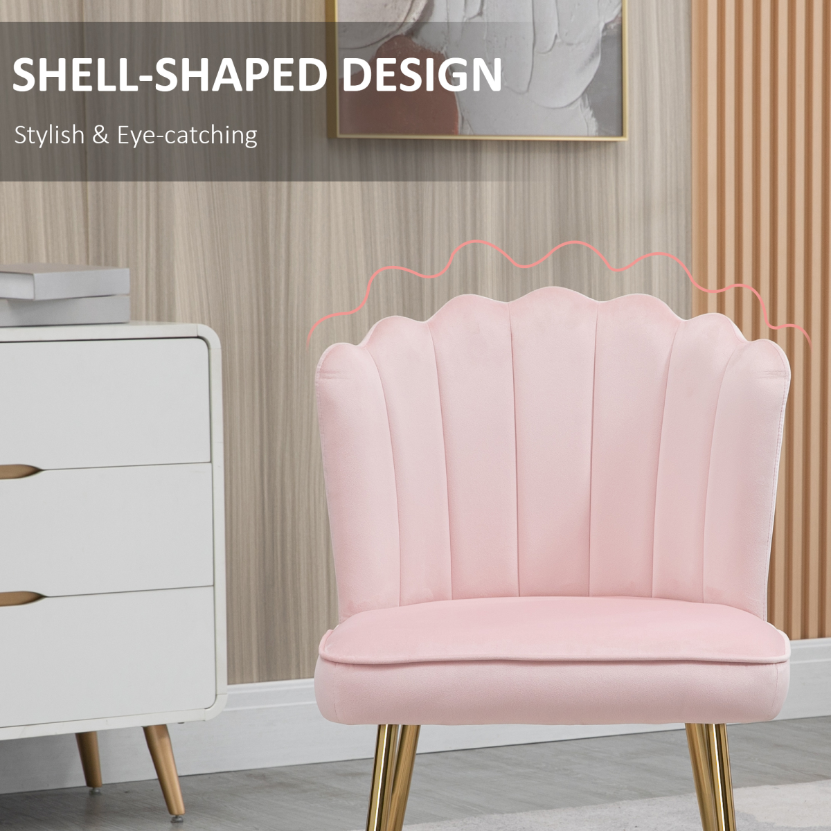 Pink velvet-feel accent chair with metal legs, stylish shell design for home or bedroom lounge by HOMCOM.