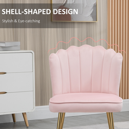 Pink velvet-feel accent chair with metal legs, stylish shell design for home or bedroom lounge by HOMCOM.