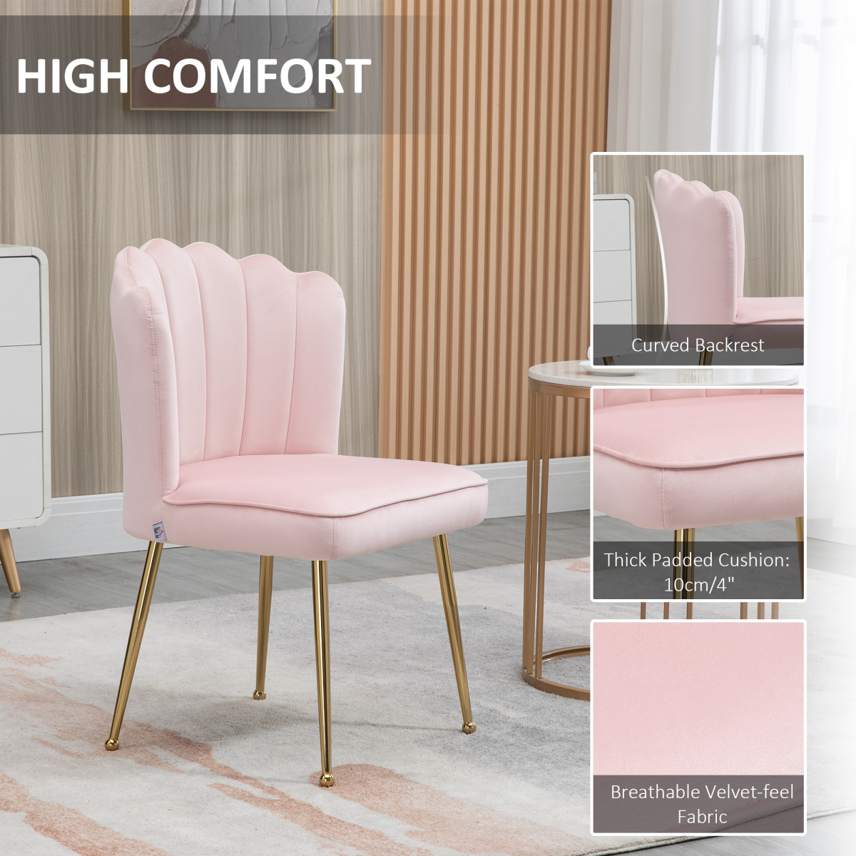 Pink velvet-feel Shell Luxe accent chair with metal legs, ideal for home bedrooms and lounge areas, by HOMCOM.