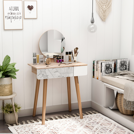 Brown and white wooden Nordic dressing table by HOMCOM with sleek design and spacious tabletop for makeup and accessories.