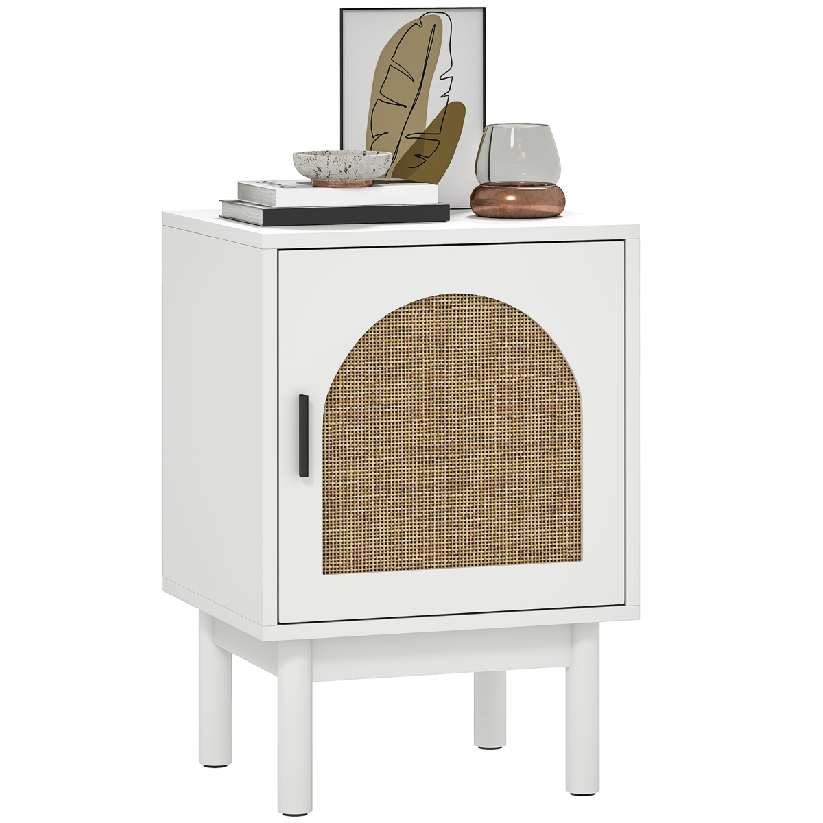 HOMCOM boho bedside table with rattan door and adjustable shelf, green finish, modern and stylish bedroom furniture.