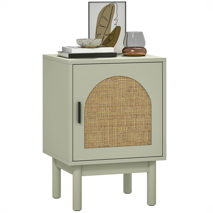 HOMCOM green boho bedside table with rattan door and adjustable shelf for stylish bedroom storage