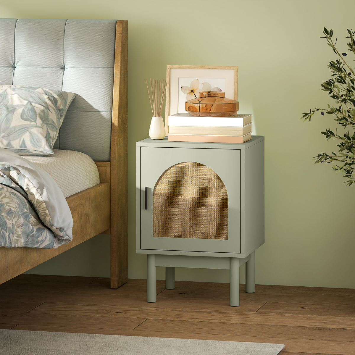 HOMCOM boho bedside table with rattan door and adjustable shelf, green finish, modern and stylish for bedroom decor.