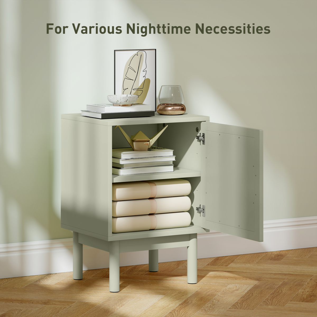 HOMCOM boho bedside table with rattan door and adjustable shelf, featuring a stylish green finish and natural rattan accents.