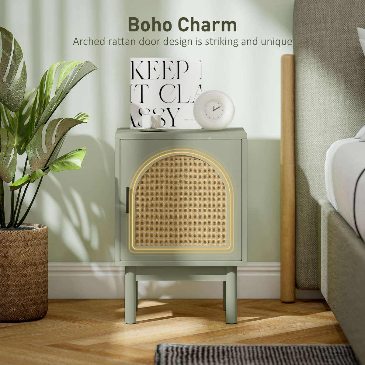 HOMCOM boho bedside table with rattan door and adjustable shelf, green finish, modern and stylish bedroom storage solution.