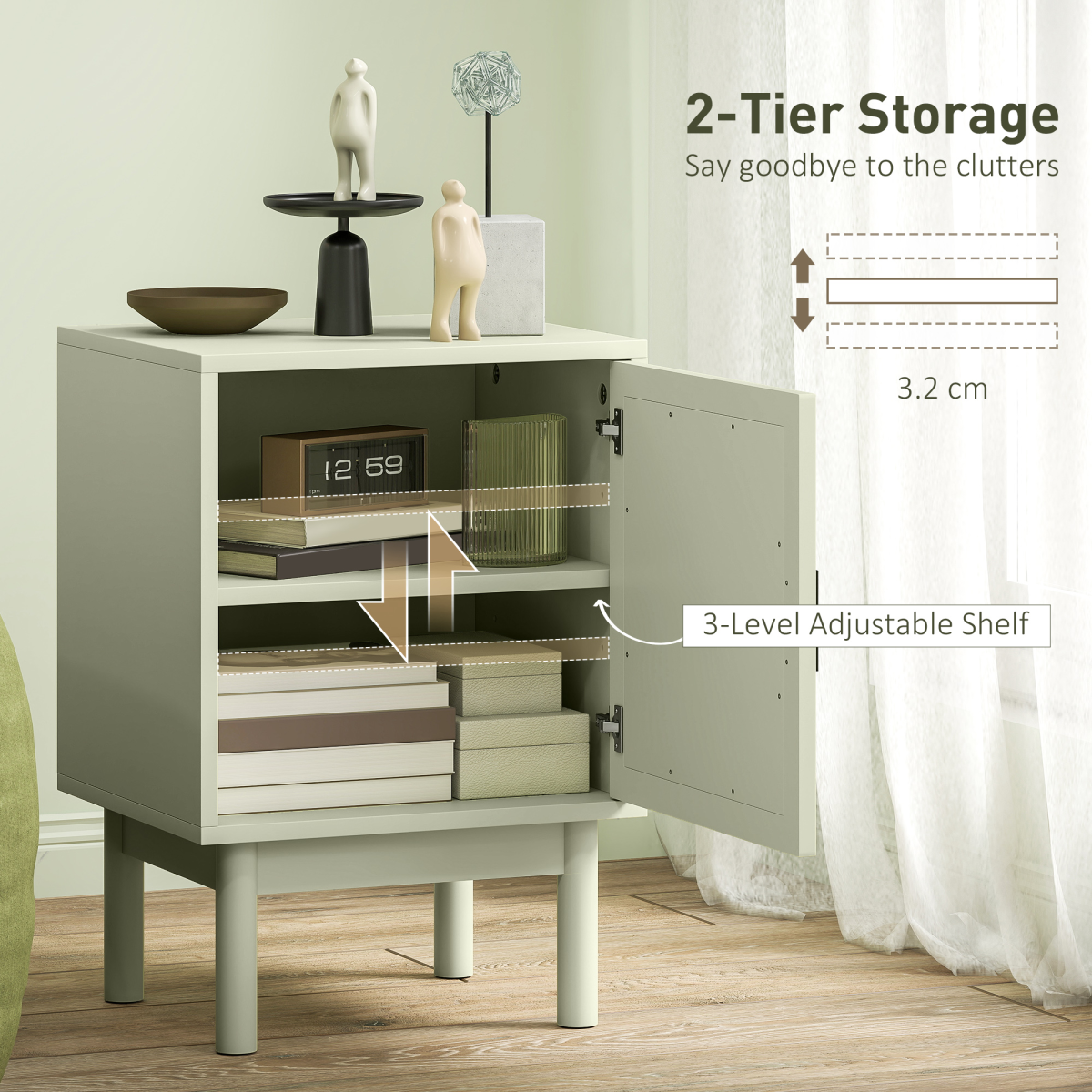 HOMCOM boho bedside table with rattan door and adjustable shelf, featuring a green finish and natural wood accents.