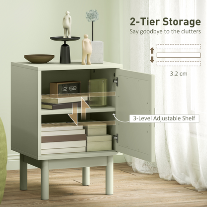 HOMCOM boho bedside table with rattan door and adjustable shelf, featuring a green finish and natural wood accents.