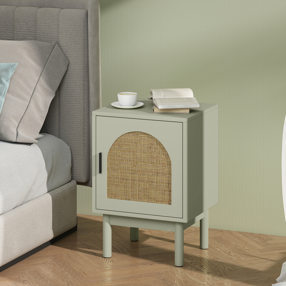 HOMCOM boho bedside table with rattan door, adjustable shelf, green finish, compact design, ideal for bedroom decor