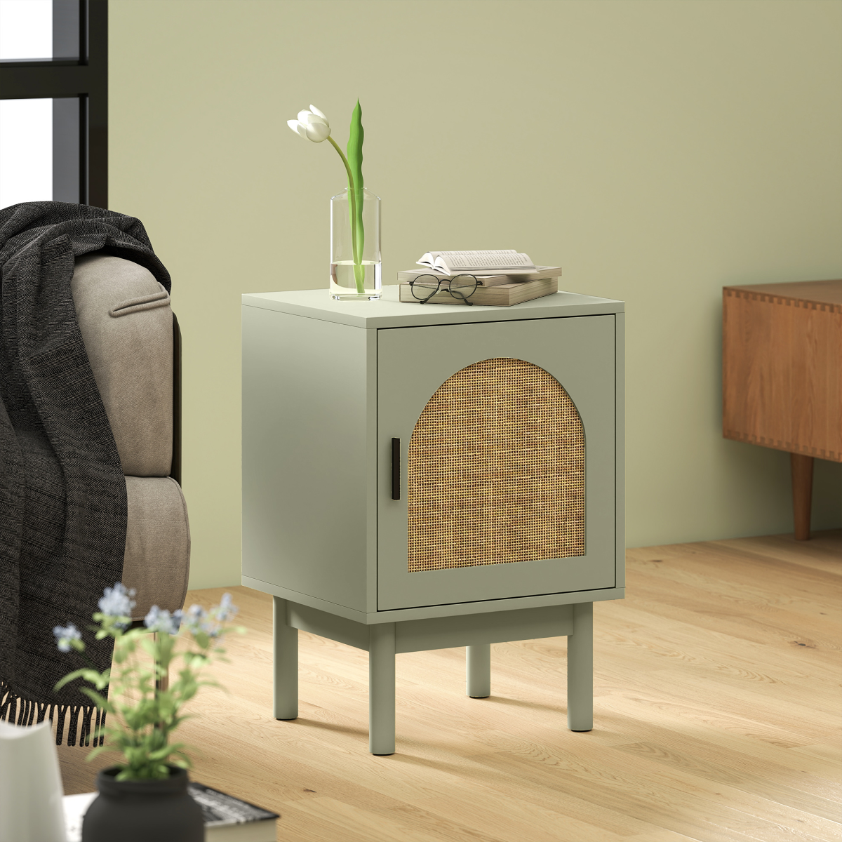 HOMCOM boho bedside table with rattan door and adjustable shelf for stylish storage in bedroom or living space.