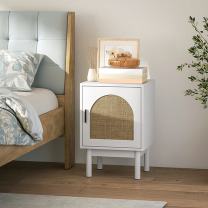 HOMCOM boho bedside table with rattan door and adjustable shelf, green finish, modern design for bedroom decor.