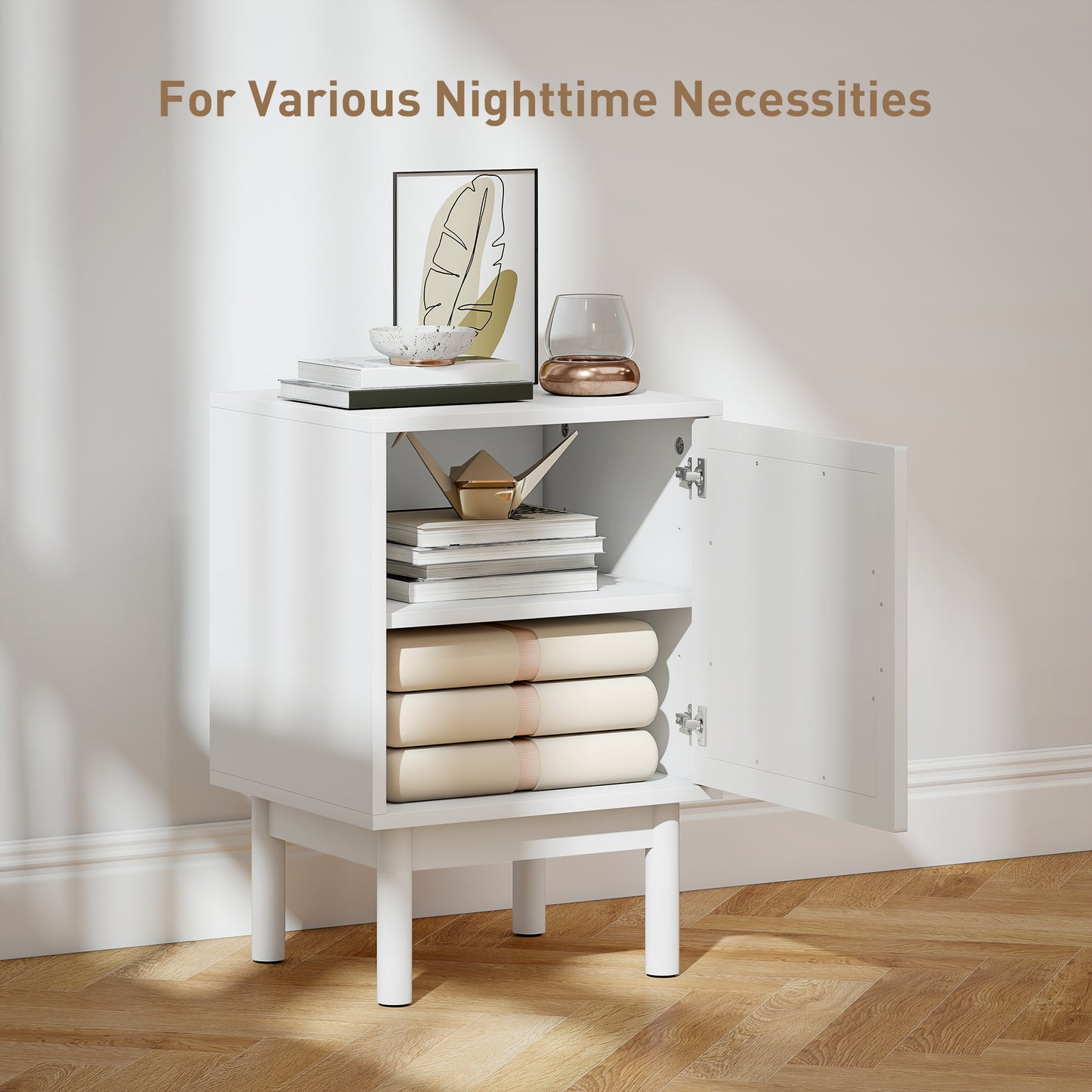 Green HOMCOM boho bedside table with rattan door and adjustable shelf, showcasing a stylish and functional bedroom storage solution.