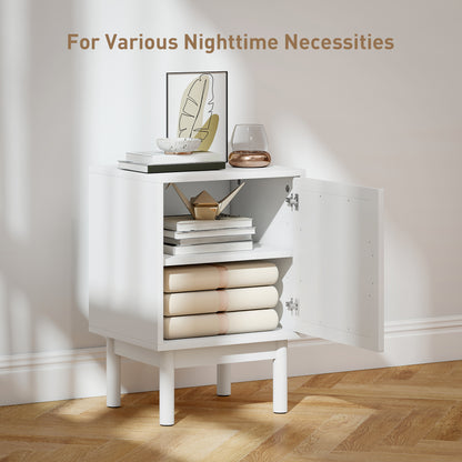 Green HOMCOM boho bedside table with rattan door and adjustable shelf, showcasing a stylish and functional bedroom storage solution.
